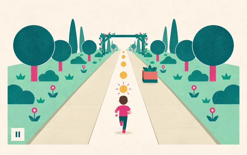 A runner collects gold coins on a warm stone walkway between mint lawns, round teal trees and coral planters.
