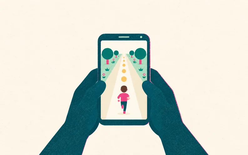 Two hands hold a phone upright, with the garden runner on its screen.